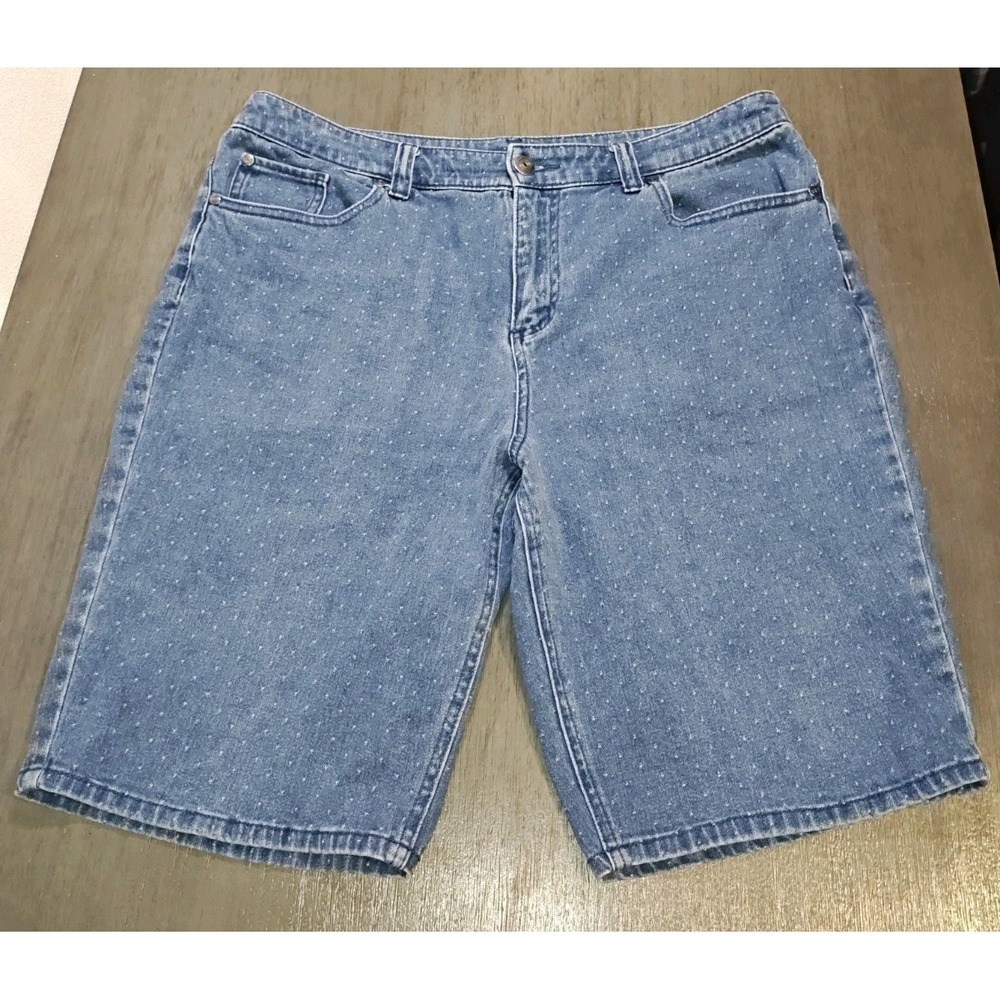 Christopher & Banks Womens 12 Denim Bermuda Shorts Blue Textured Dot Stretch